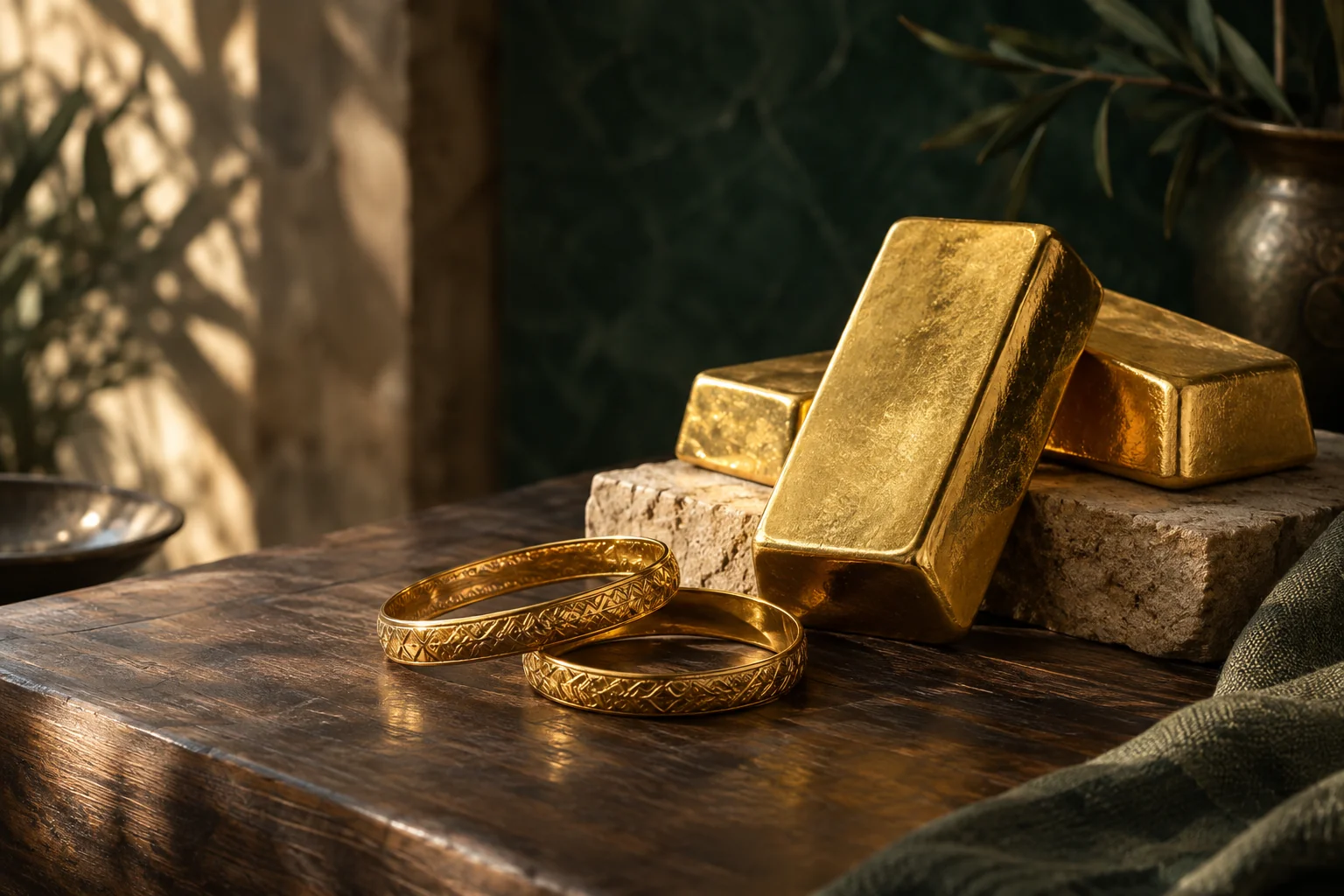 Illustrative gold bars and bangles on a stone surface